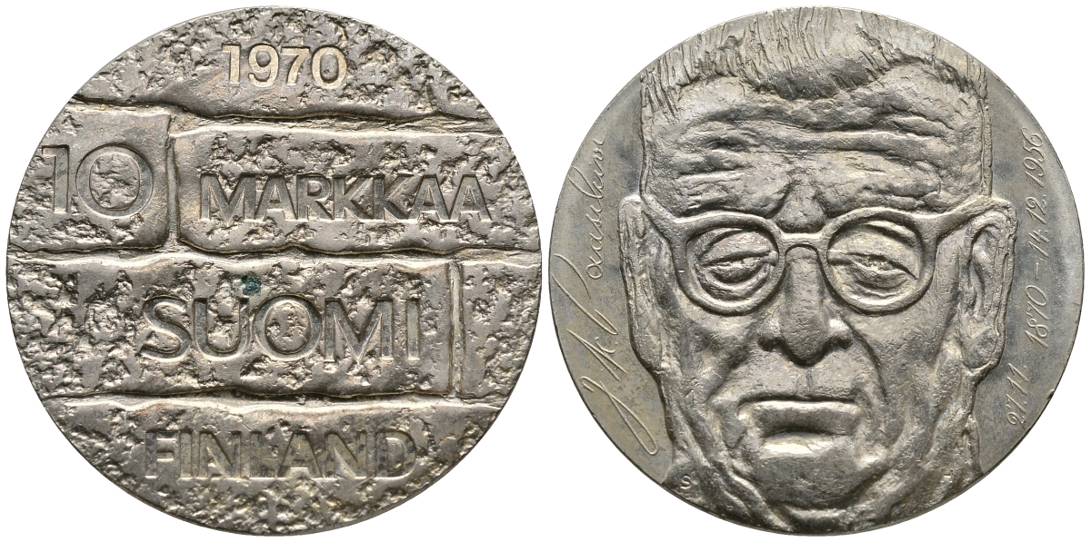 Финляндия 10 марок 1970 S-H, день рождения президента Юхо Паасикиви KM 51 серебро 1525-945