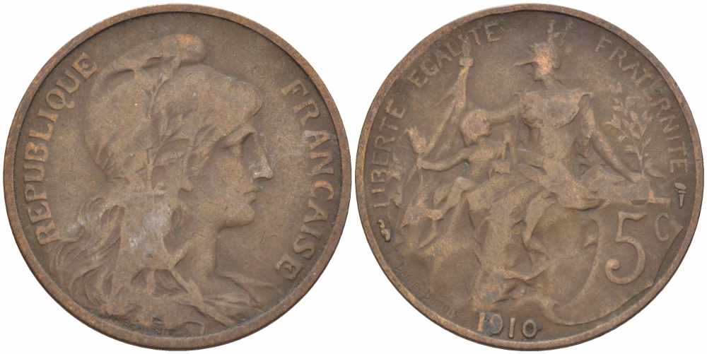 ФРАНЦИЯ 5 САНТИМОВ 1910 ТИП ДАНИЭЛЬ ДЮПЮИ KM 842, LE FRANC 119.22 бронза 108-922