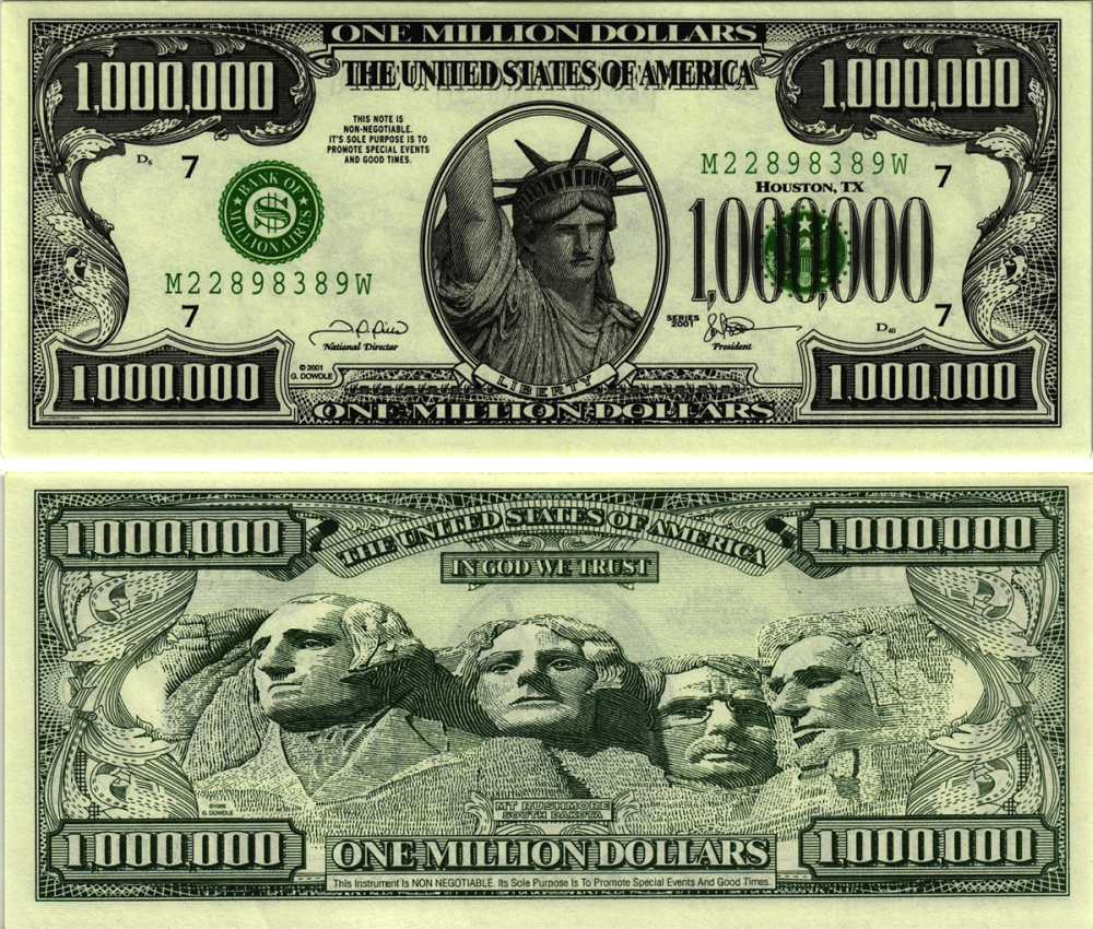 США 1000000 ДОЛЛАРОВ 2001 СУВЕНИРНАЯ БАНКНОТА, СТАТУЯ СВОБОДЫ НА ОСТРОВЕ ЭЛЛИС, МЕМОРИАЛ ПРЕЗИДЕНТОВ В ЮЖНОЙ ДАКОТЕ бумага UNC (ПРЕСС) 7198-34-2-2