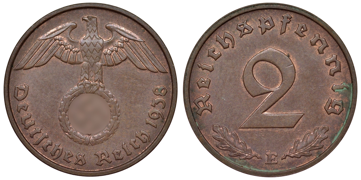 Германия 2 рейхспфеннига 1938 E KM 38, J. 362 алюминиевая бронза 4121-627