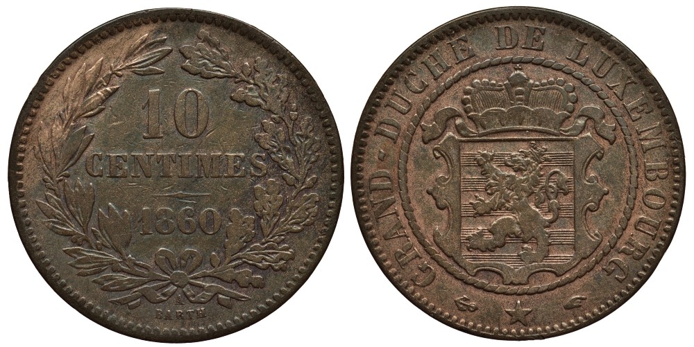 ЛЮКСЕМБУРГ 10 САНТИМОВ 1860 А, ГЕРЦОГ ВИЛЛЕМ III НИДЕРЛАНДСКИЙ (1849-1890), МОНДВОР ПАРИЖ КМ 23.2 бронза 4536-432