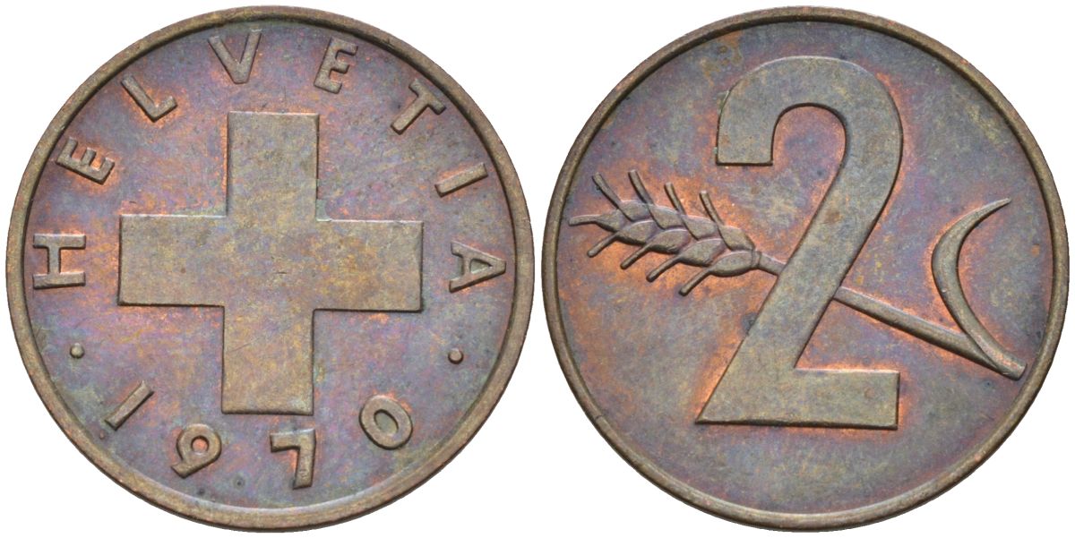 Швейцария 2 раппена 1970 KM 47 бронза 4592-626