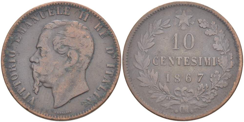 Италия 10 чентезимо 1867 OM, Виктор Эммануил II (1861-1878) KM 11.5 медь 4526-915