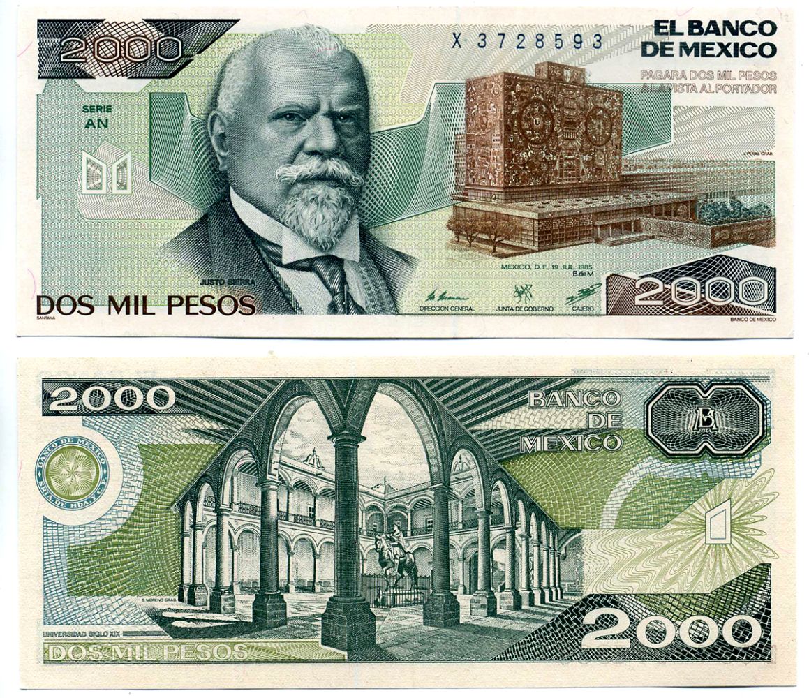 Мексика 2000 песо 1985 19 июля 1985, серия AN Pick 86a(1) бумага UNC (пресс) 7148-39-3-2