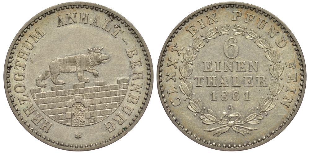Ангальт-Бернбург 1/6 талера 1861 А, КМ 87, J. 71 серебро UNC 00-00