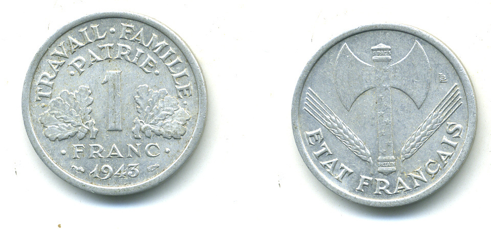 ФРАНЦИЯ 1 ФРАНК 1943 LB, ТИП LEGERE, ПРАВИТЕЛЬСТВО ВИШИ KM 902.1, LE FRANC 223.3 алюминий 4381-456