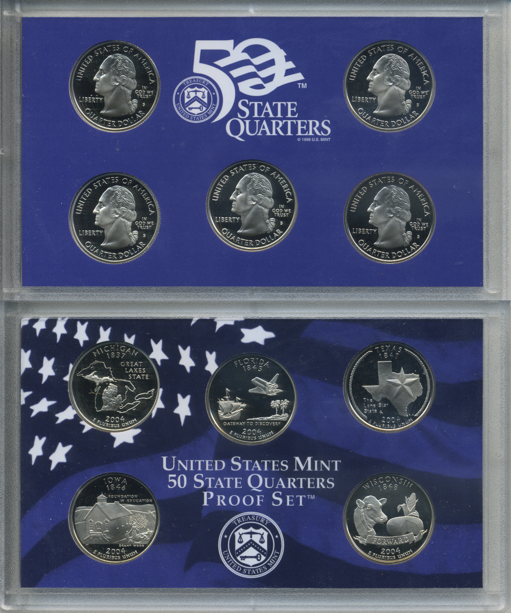 США официальный набор из 5 монет 2004 S, набор из 5 квотеров, штаты США, пластик, в оригинальной коробке с сертификатом PROOF 00-00