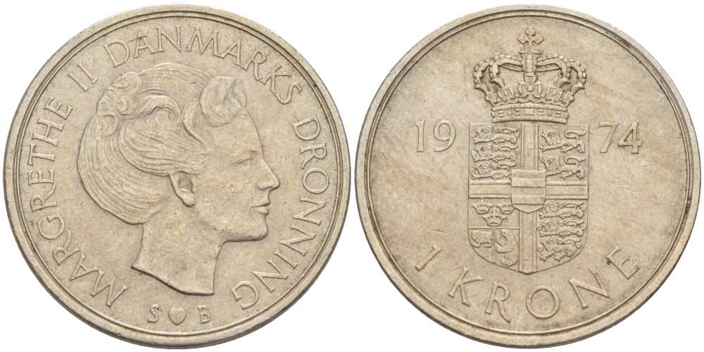 ДАНИЯ 1 КРОНА 1974 S; B, МАРГРЕТЕ II (1972-) KM 862.1 медно-никель 4388-144
