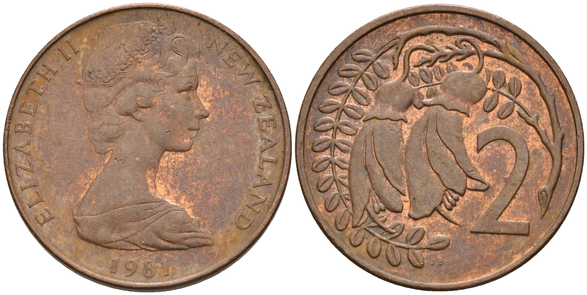 Новая Зеландия 2 цента 1981 Елизавета II (1952-2022), два цветка кохаи KM 32.1 бронза  4602-646