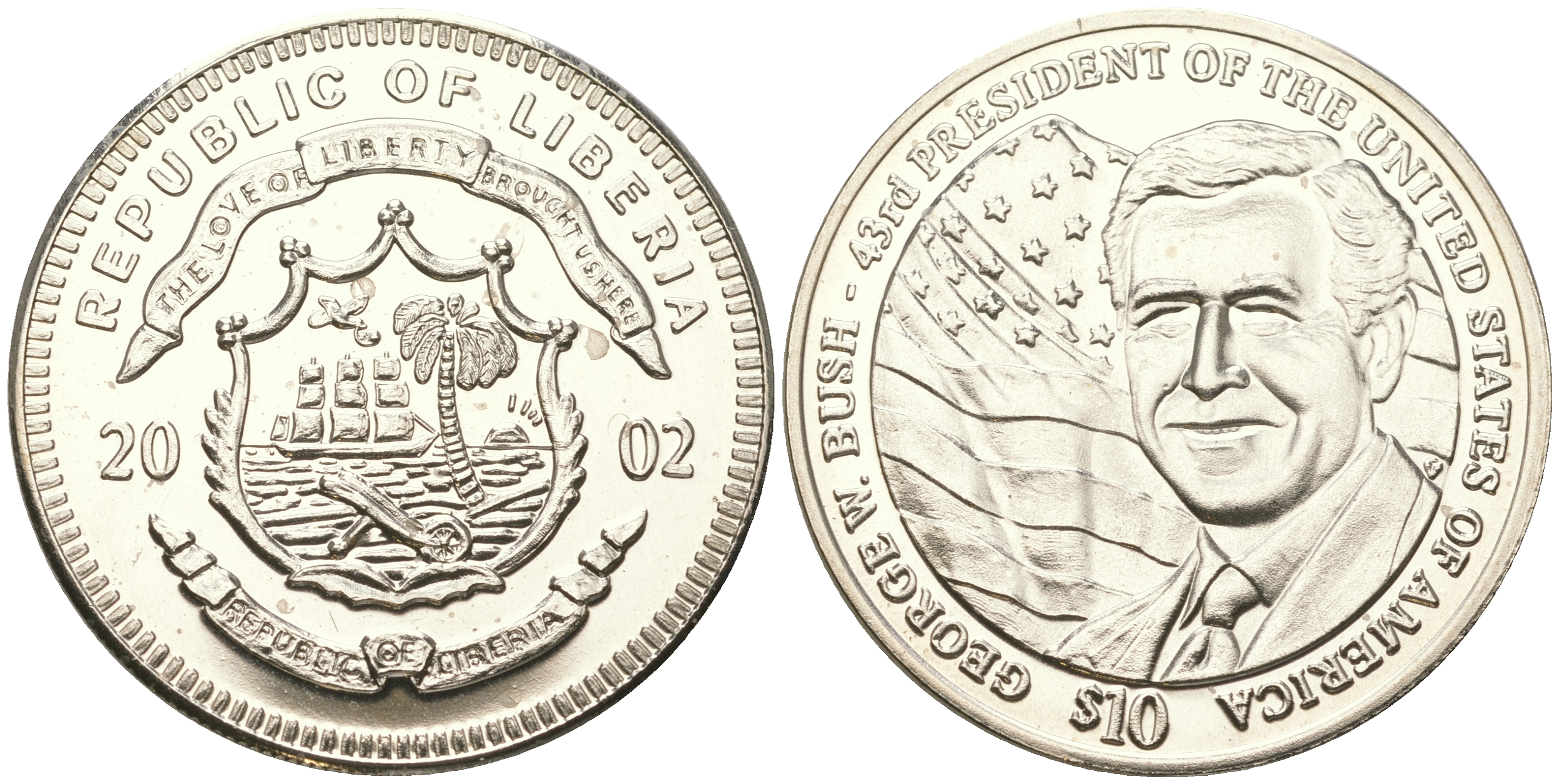 Либерия 10 долларов 2001 43-й президент США Джордж У. Буш KM 777 медно-никель  UNC  1099-3-45