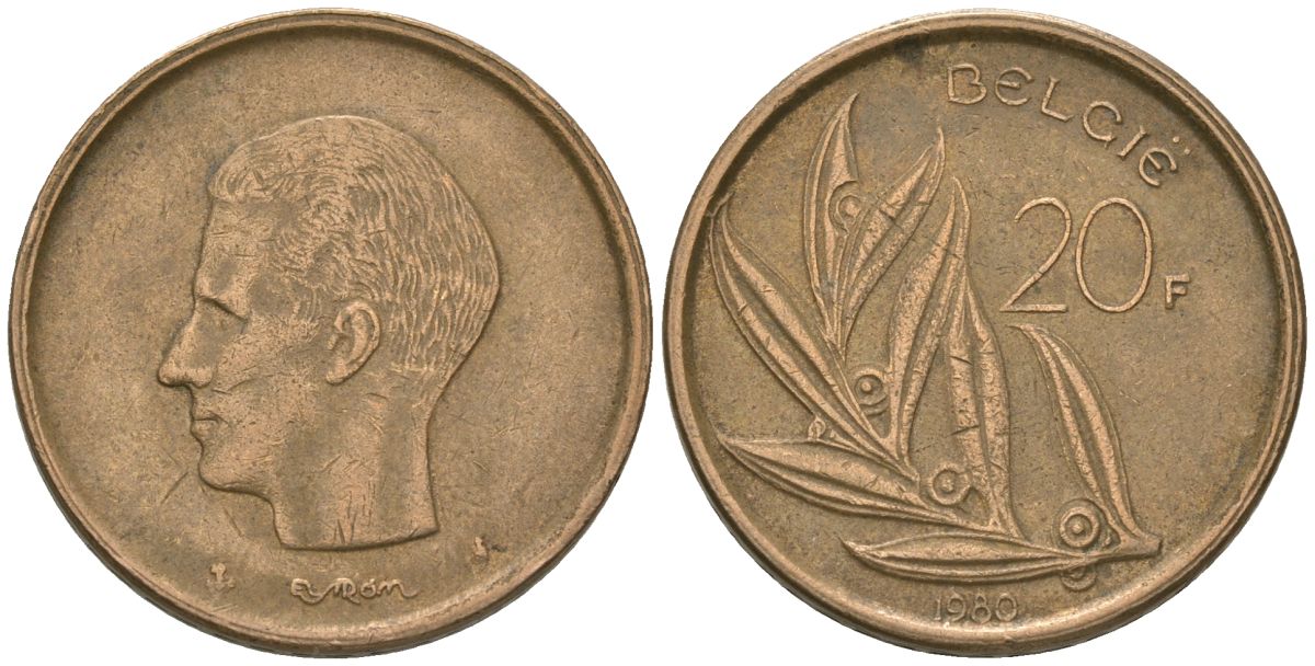 Бельгия 20 франков 1980 BELGIE, Бодуэн I (1951-1993) KM 160 никель бронза 4561-1015
