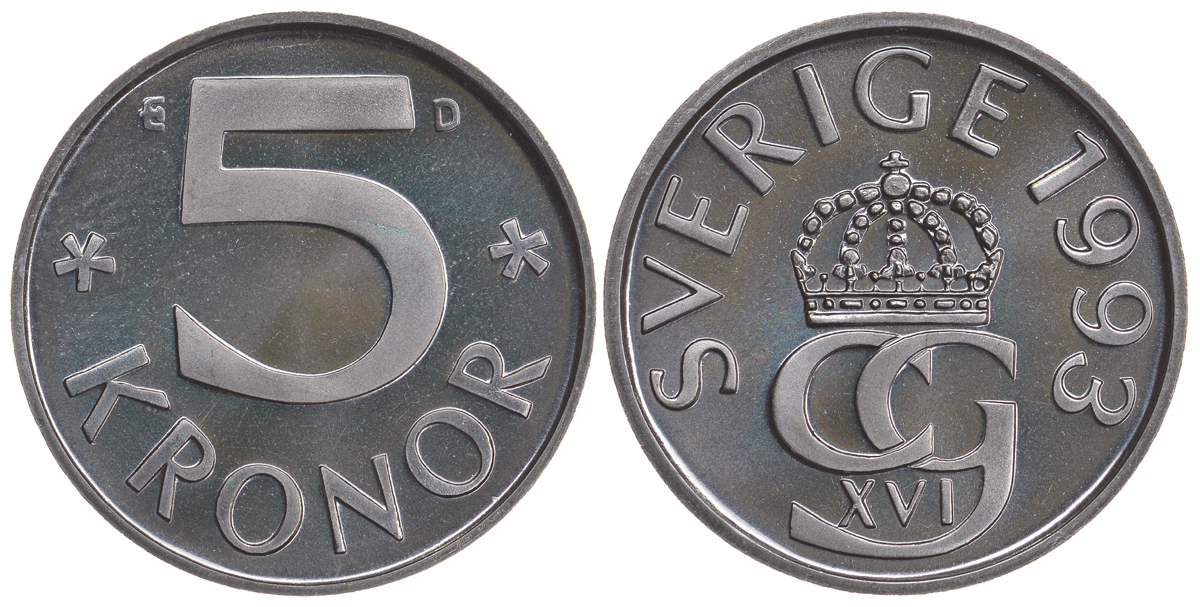 Швеция 5 крон 1993 D, Карл XVI Густав (1973- ) KM 853a медно-никель PROOFLIKE 84-133