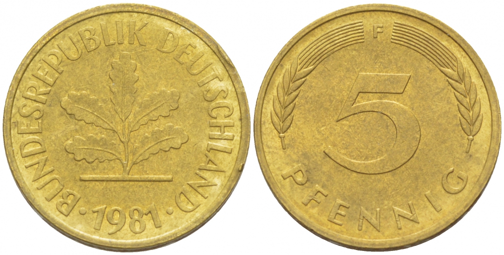 ФРГ 5 ПФЕННИГОВ 1981 F KM 107, J. 382 сталь плакированная латунью 3996-1156
