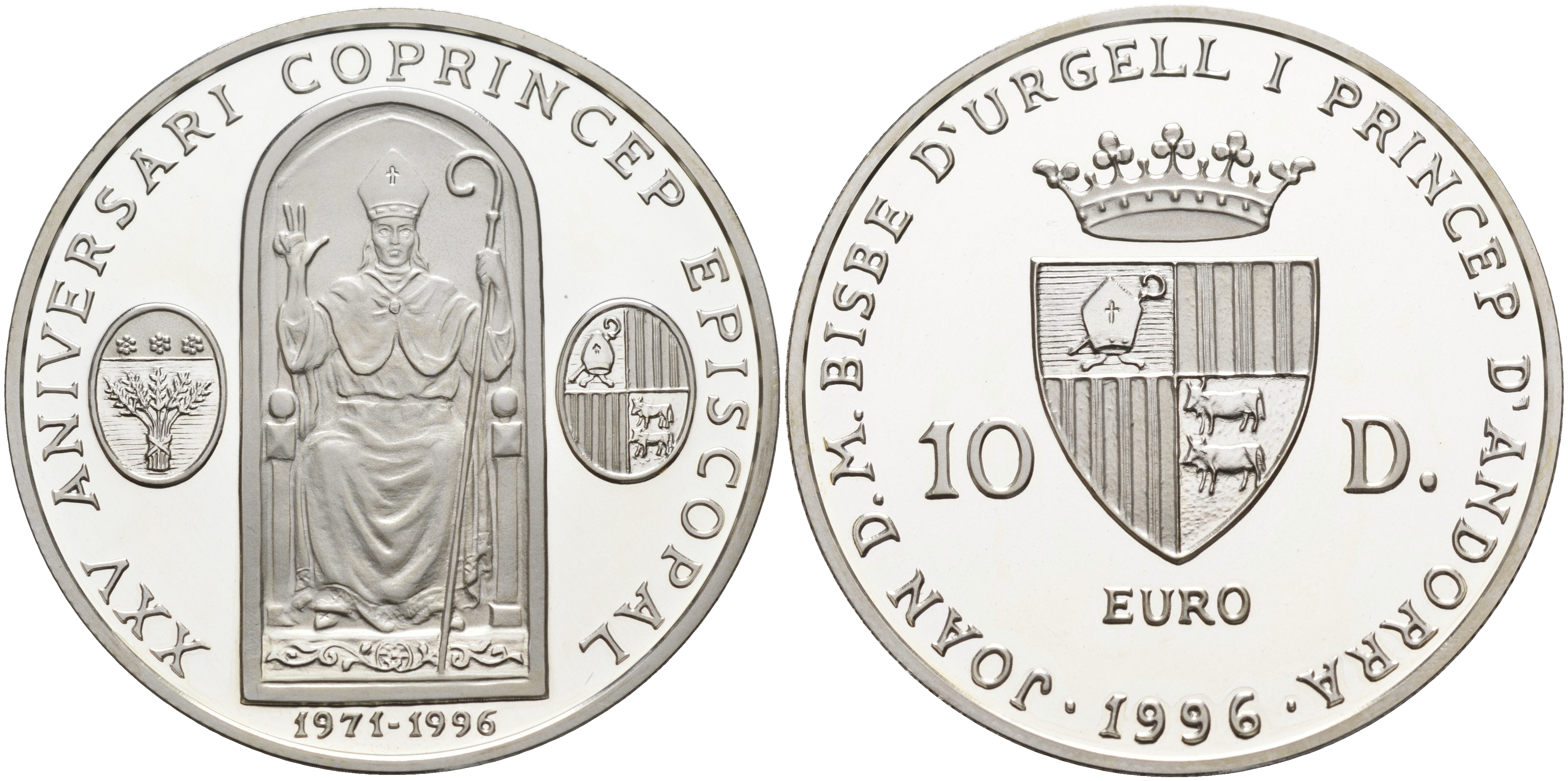 Андорра 10 динеров 1996 25 лет соправления  Жоана Марти-и-Аланиса, ECU KM 125 серебро PROOF 1095-1-34