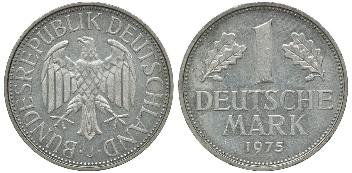 ФРГ 1 МАРКА 1975 J KM 110, J. 385 медно-никель aUNC 72-846