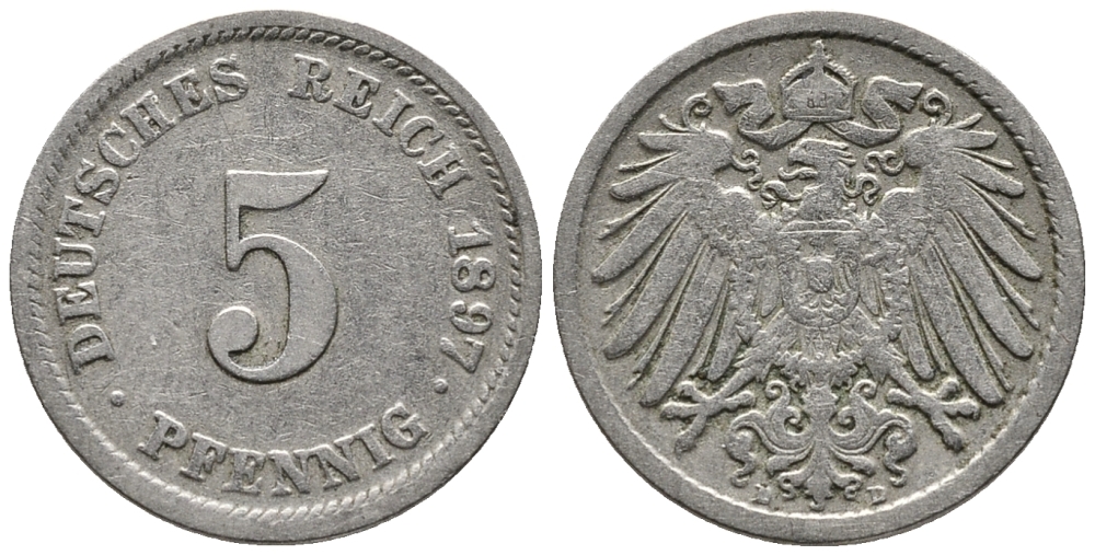 ГЕРМАНИЯ 5 ПФЕННИГОВ 1897 D KM 11, J. 12 медно-никель 39-723