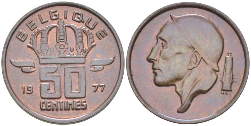 БЕЛЬГИЯ 50 САНТИМОВ 1977 BELGIQUE, БОДУЭН I (1951-1993) KM 148.1 бронза 214-464