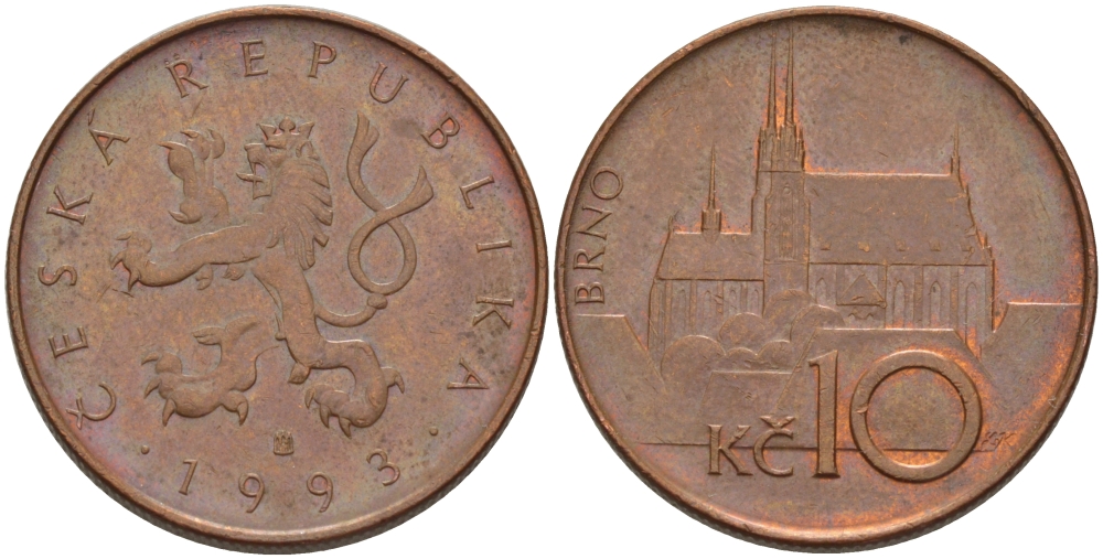 Чехия 10 крон 1993 кафедральный собор, город Брно KM 4 сталь плакированная медью 57-537