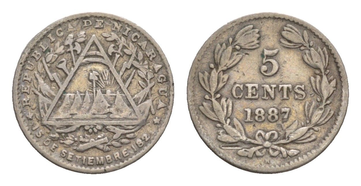 Никарагуа 5 сентаво 1887 год-тип KM 5 серебро 1520-1522