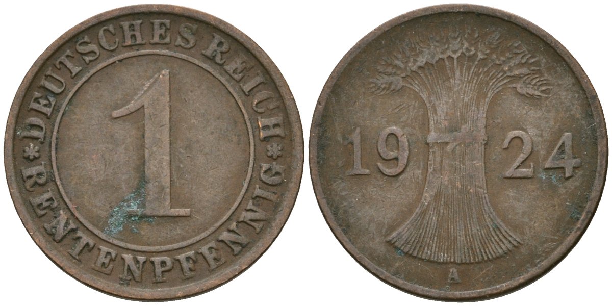 Германия 1 рентенпфенниг 1924 A KM 30, J. 306 бронза 4608-267