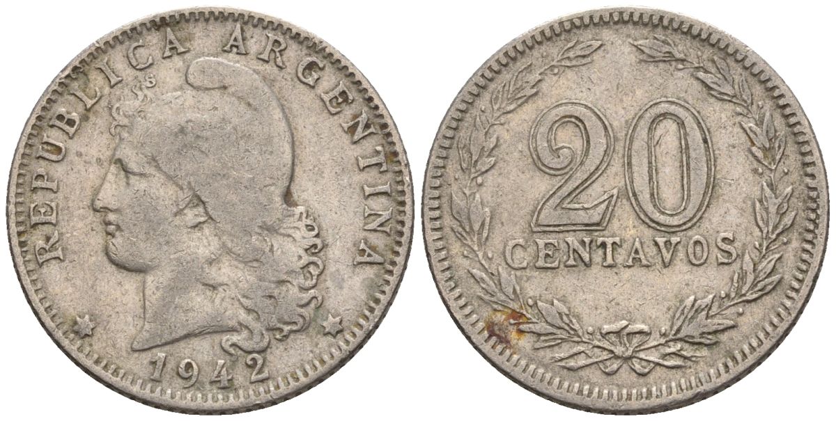 Аргентина 20 сентаво 1942 голова свободы влево KM 36, CJ 89, Schon 39 медно-никель    60-921