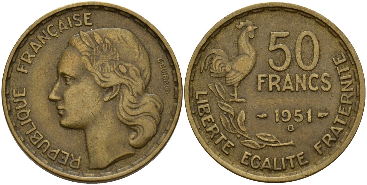 Франция 50 франков 1951 B, Петух KM 918.1, Le Franc 425.5 алюминиевая бронза 4157-222