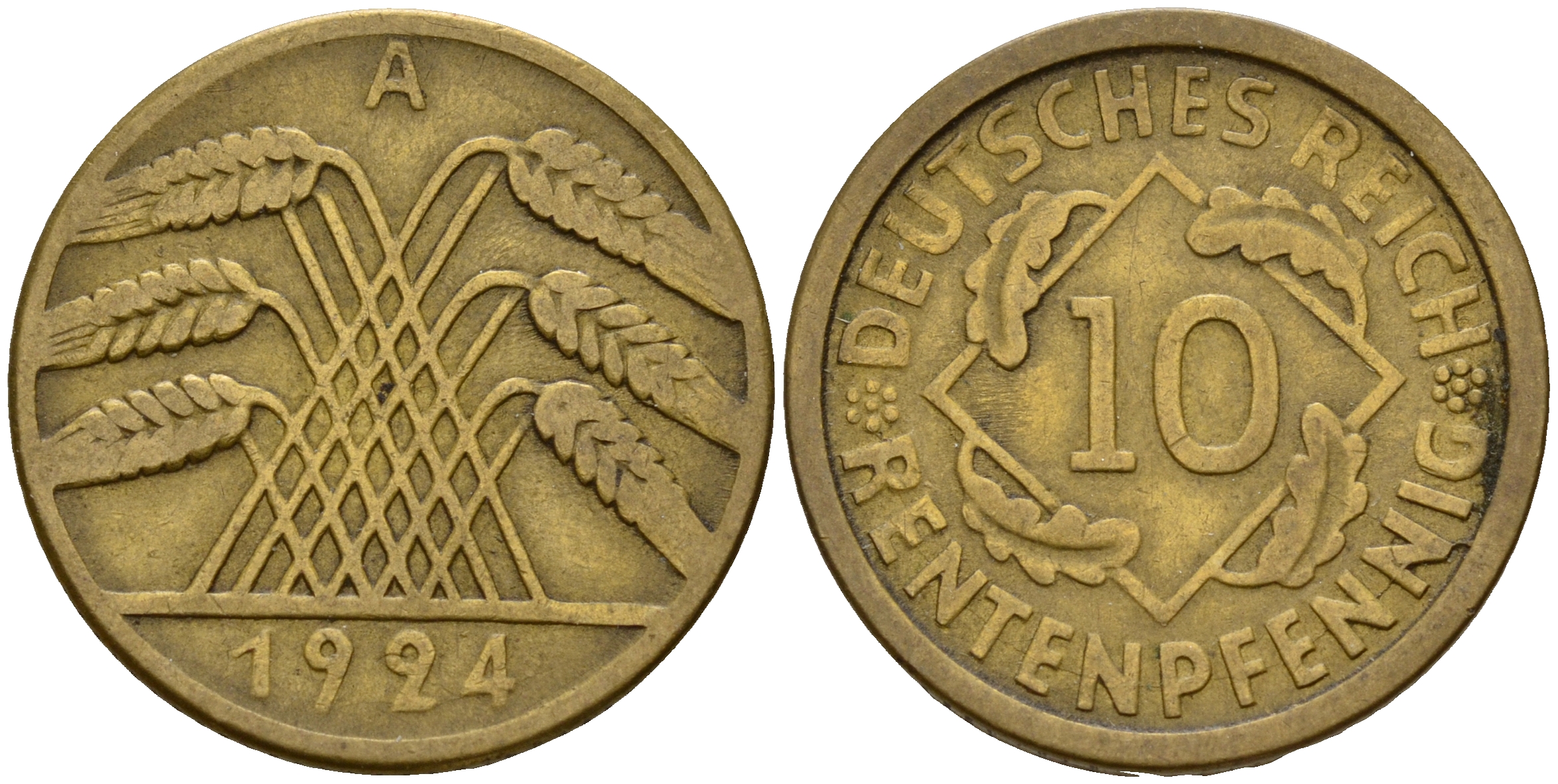 Германия 10 рентенпфеннигов 1924 A J. 309, KM 33 алюминиевая бронза    4603-747