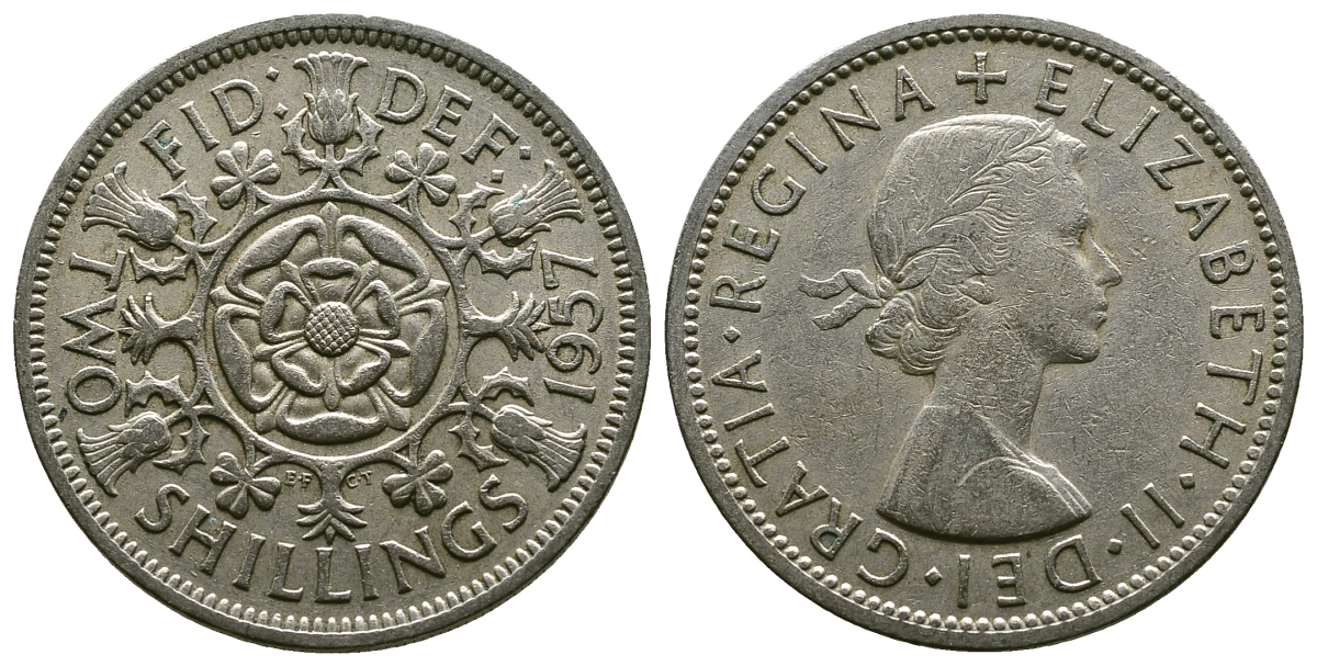 Великобритания 2 шиллинга (флорин) 1957 Елизавета II (1952-2022) KM 906, Spink 4146 медно-никель 4382-124