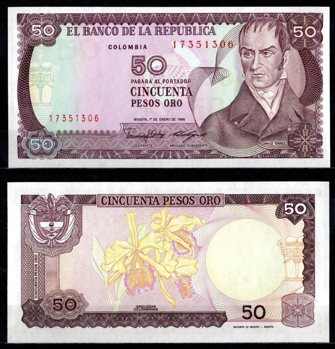 Колумбия 50 песо 1986 Pick 425 b бумага UNC (пресс) 7191-50-1-1