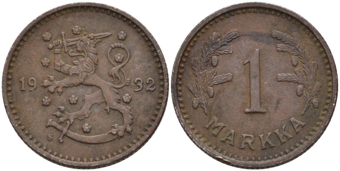 ФИНЛЯНДИЯ 1 МАРКА 1932 S KM 30 медно-никель 4563-634