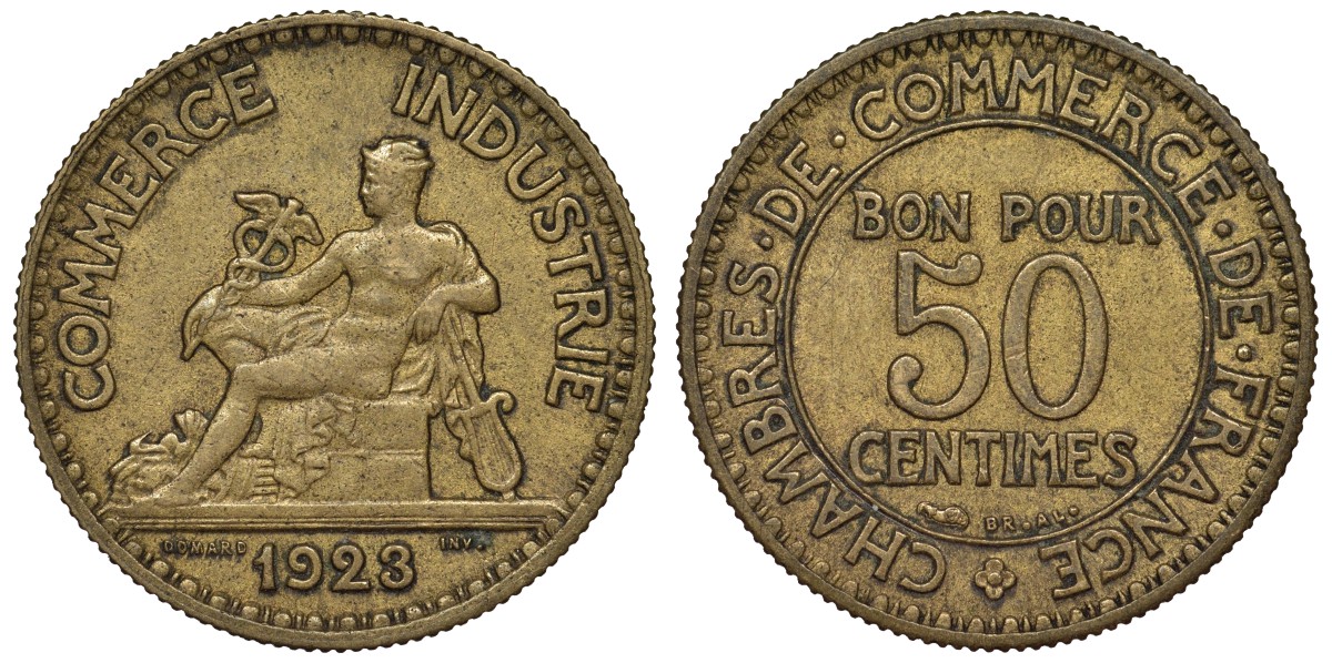 Франция 50 сантимов 1923 тип Chambres de Commerce KM 884, Le Franc 191.6 алюминиевая бронза 4124-339