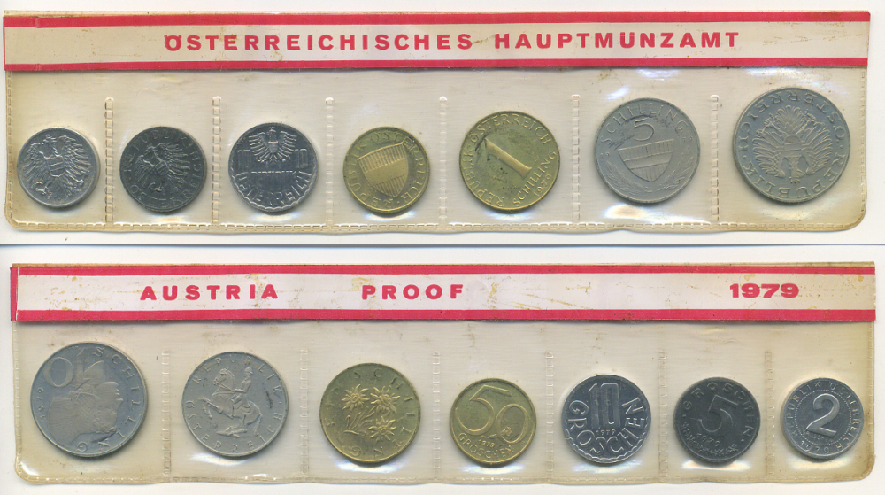 Австрия набор из 7 монет  1979  2, 5, 10, 50 грошей, 1, 5, 10 шиллингов, в целлофане KM PS 39 PROOF 4400-5-3