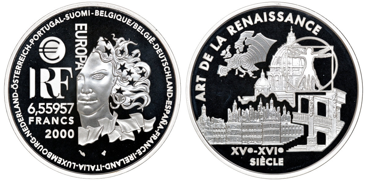 Франция 1 евро = 6,55957 франков 2000 архитектура Ренессанса (XV-XVI веков) в оригинальной коробке, с сертификатом KM 1225 серебро PROOF 4-3-3-18