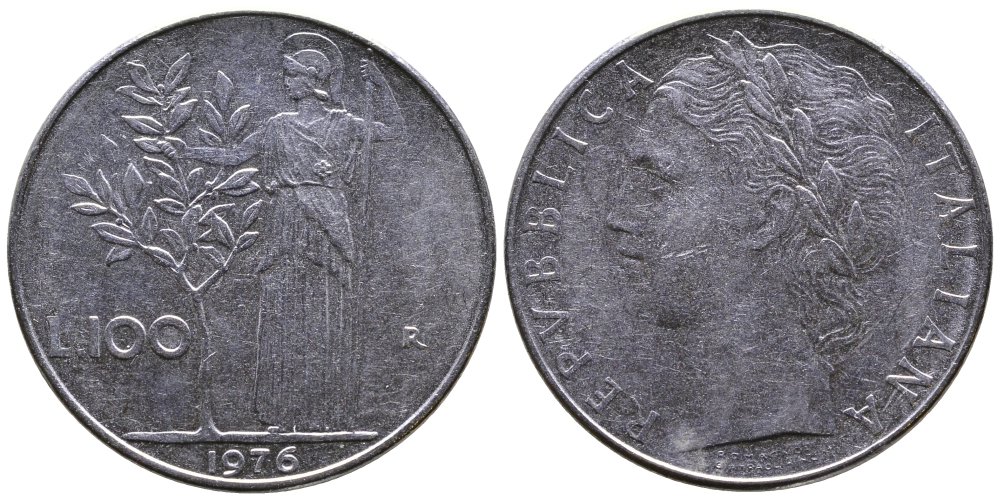 ИТАЛИЯ 100 ЛИР 1976 R, АФИНА KM 96.1 нержавеющая сталь 3334-136