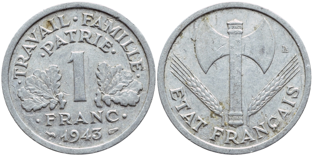 ФРАНЦИЯ 1 ФРАНК 1943 LB, ТИП LEGERE, ПРАВИТЕЛЬСТВО ВИШИ KM 902.1, LE FRANC 223.3 алюминий 93-1124