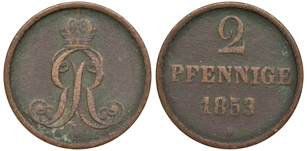 Брауншвейг-Каленберг-Ганновер 2 пфеннига 1853 B, Георг V (1851-1866) KM 217,aKS 152, J. 84 медь 4142-241