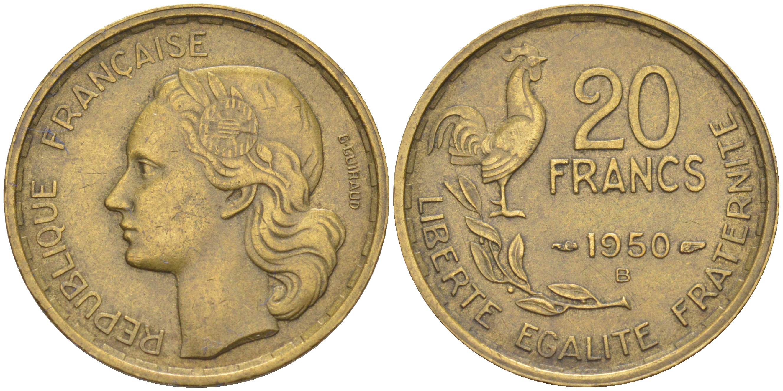 Франция 20 франков 1950 В, 4 пера KM 917.2, LE FRANC 402.4 алюминиевая бронза 4610-741