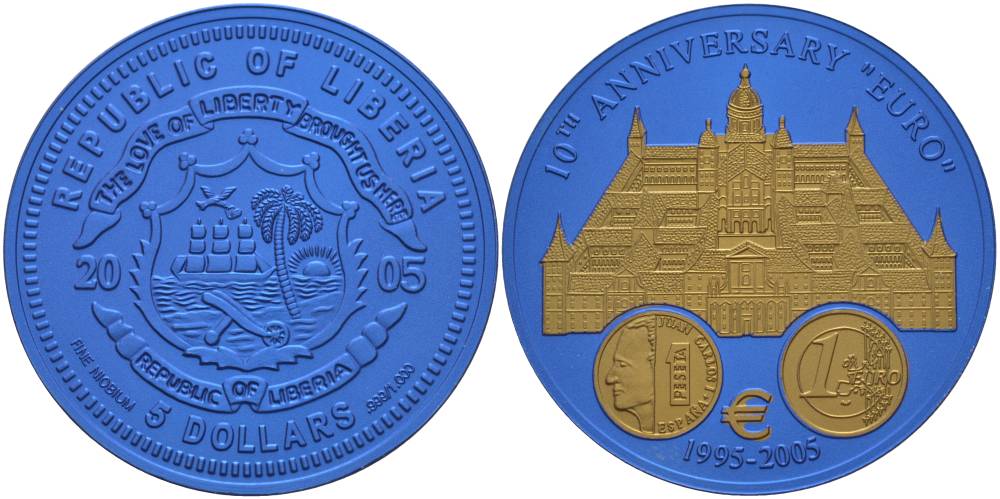 Либерия 5 долларов 2005 10 лет евро, страны еврозоны, Испания, с сертификатом, би-колор (два цвета), вес 7,78 гр., диаметр 35 мм.  ниобий  UNC  1081-7-54