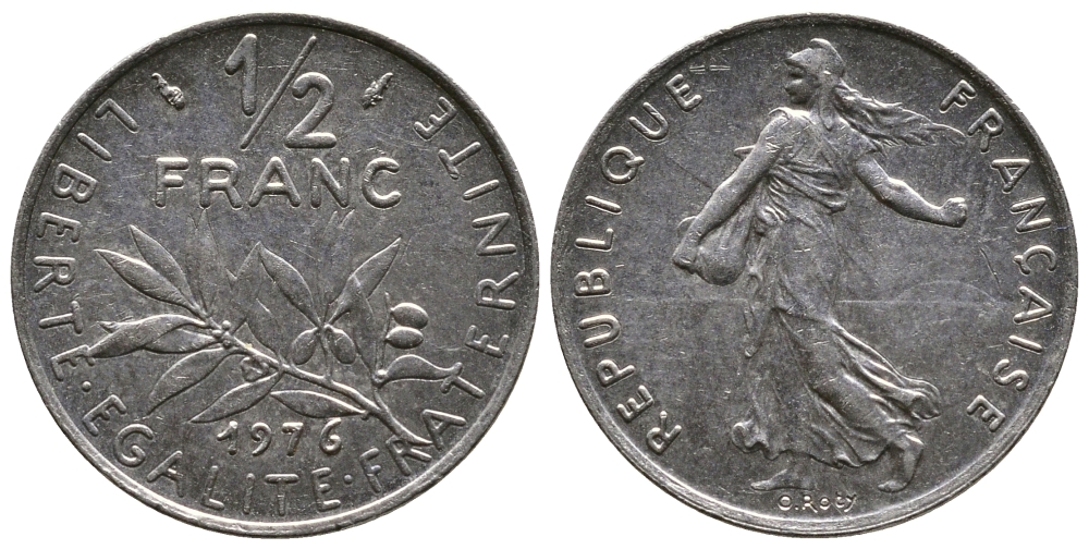 ФРАНЦИЯ 1/2 ФРАНКА 1976 СЕЯТЕЛЬ KM 931.1, LE FRANC 198.15 никель 26-1025