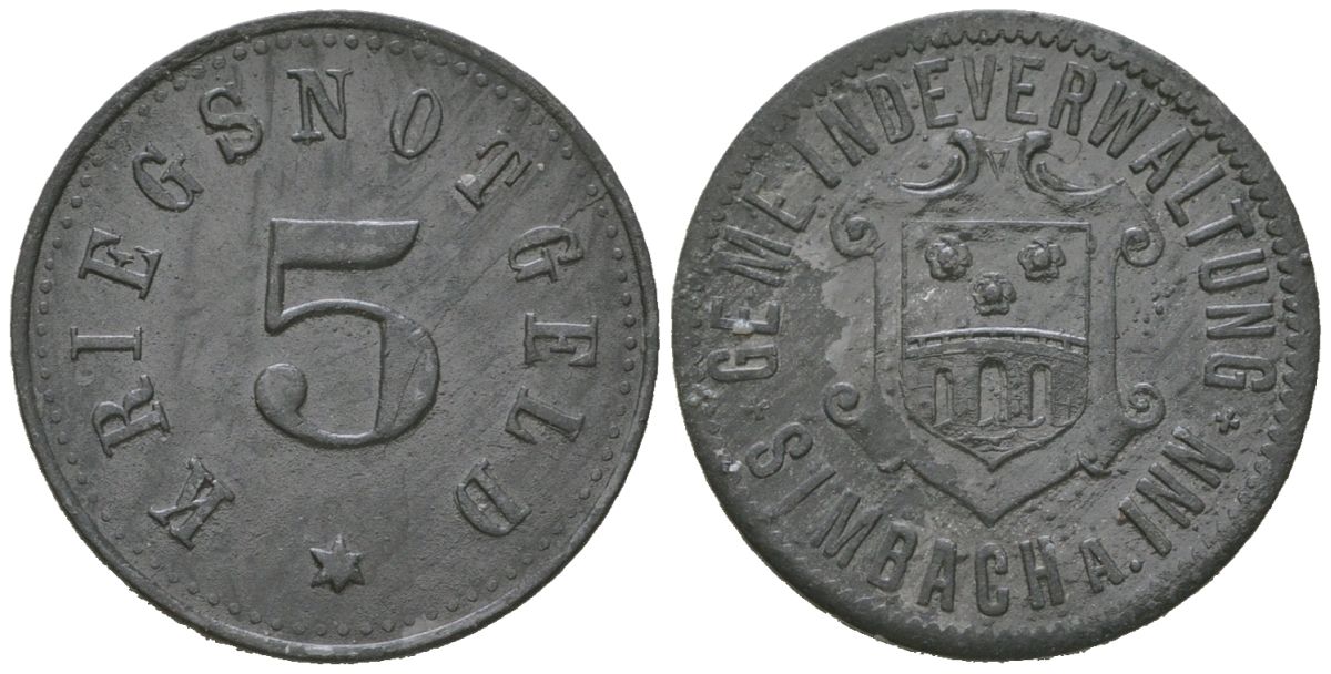 Зимбах-на-Инне (Бавария) 5 пфеннингов ND Funck 500.1, Men18 29390.1 цинк 4169-1142
