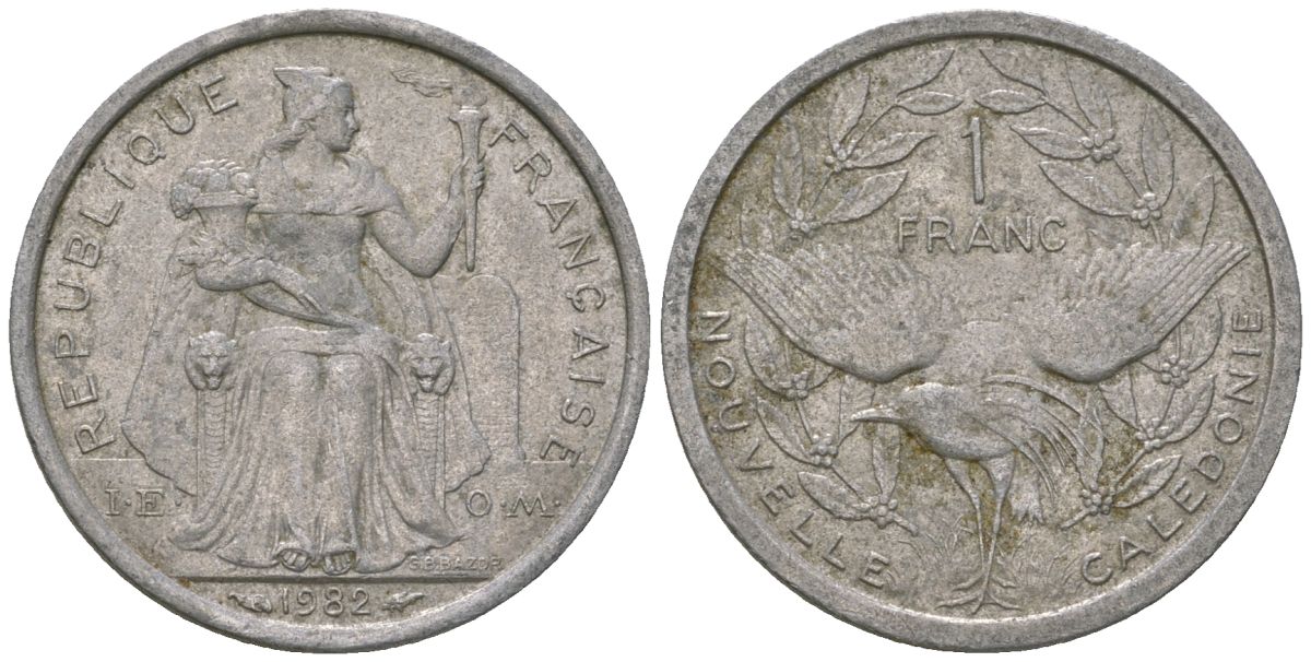 Французская Новая Каледония 1 франк 1982 птица кагу, (IEOM) KM 10, Schoen 10, Lec 45 алюминий    51-2134