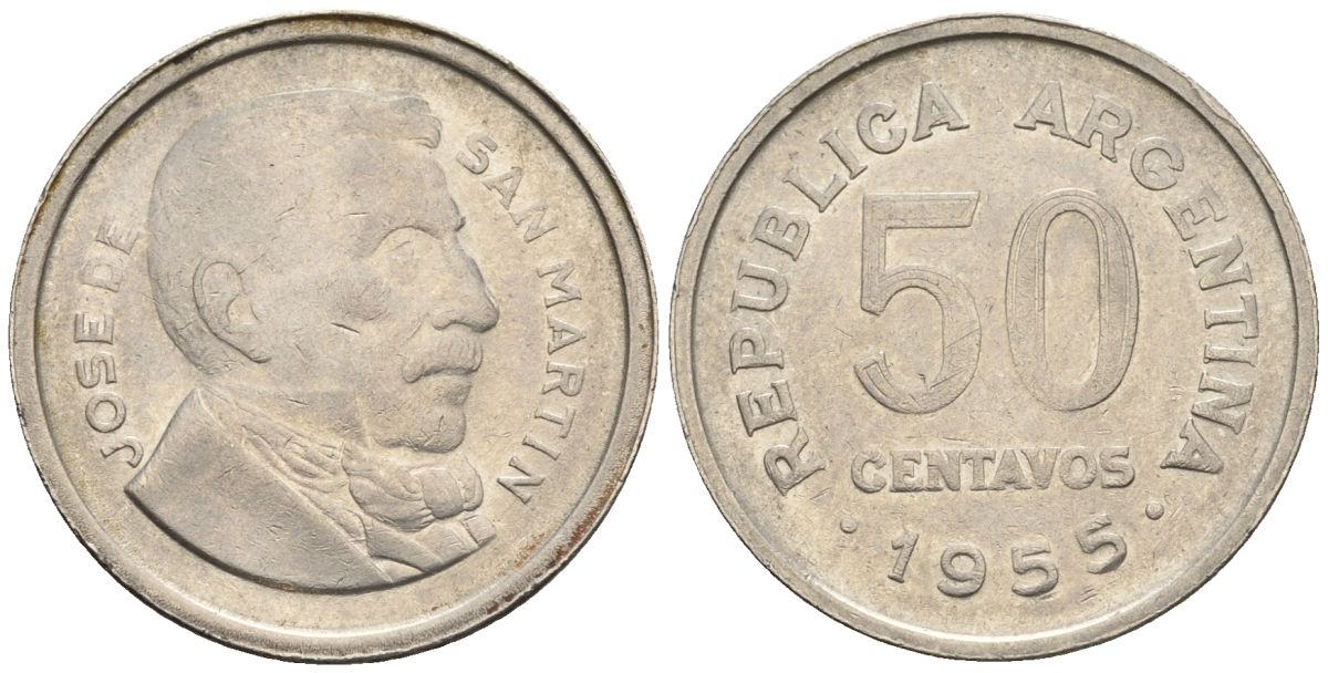 Аргентина 50 сентаво 1955 генерал Хосе де Сан Мартин KM 49, CJ 226, Schon 52 сталь плакированная никелем    60-1011
