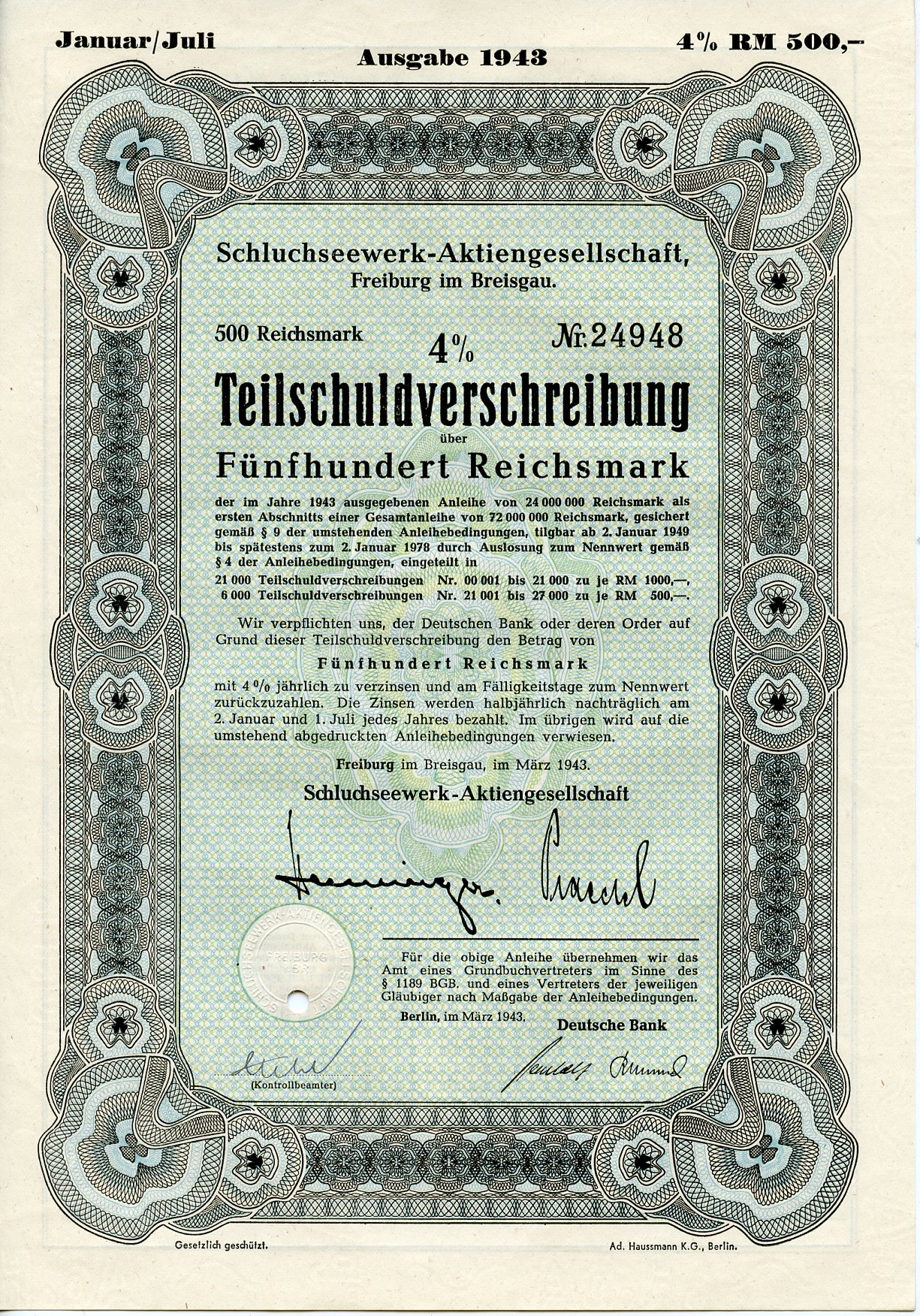 Германия 500 рейхсмарок 1943 АО Schluchseewerk (оператор 5 ГЭС), Фрайбург-им-Брайсгау, 4% -ное частичное обязательство   бумага 8804-104-1