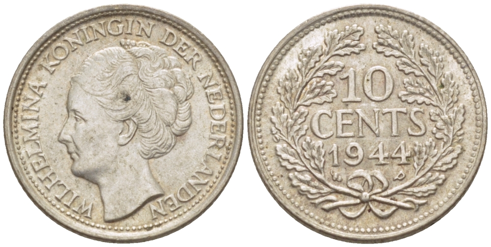 Нидерланды 10 центов 1944 Вильгельмина (1890-1948) KM 163 серебро aUNC 66-1252