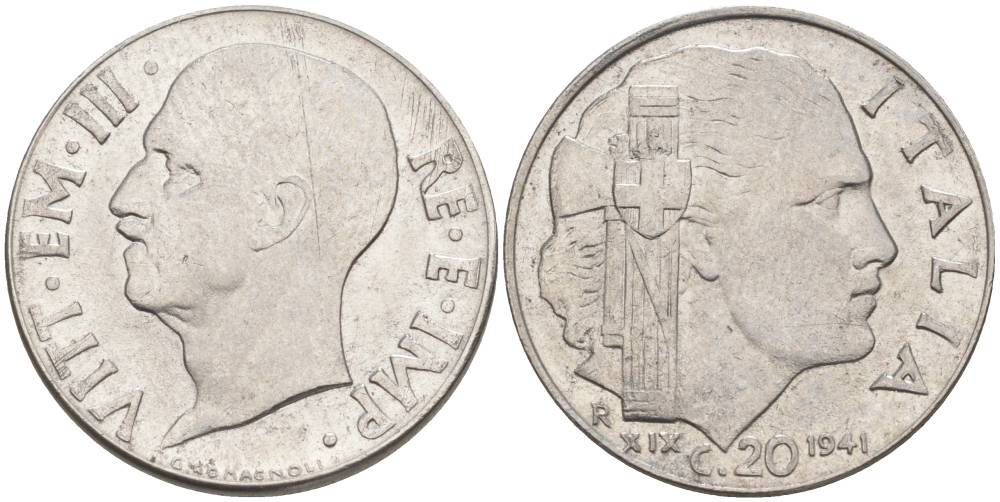ИТАЛИЯ 20 ЧЕНТЕЗИМО 1941 R, ГОД XIX, ВИКТОР ЭММАНУИЛ III (1900-1946) KM 75b, VEM3. 1028 нержавеющая сталь 3853-824