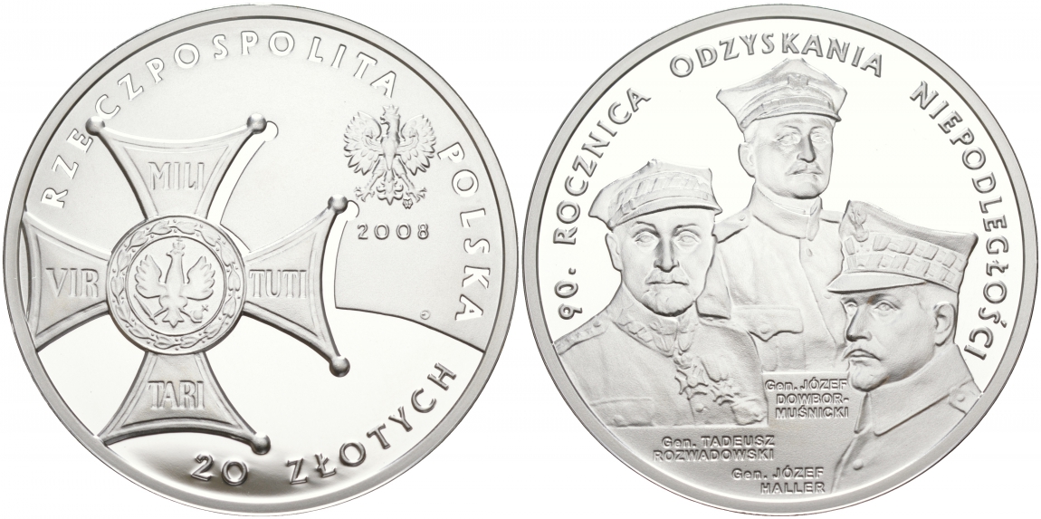 Польша 20 злотых 2008 90 лет восстановления независимости Польши KM 651 серебро PROOF 1091-2-22
