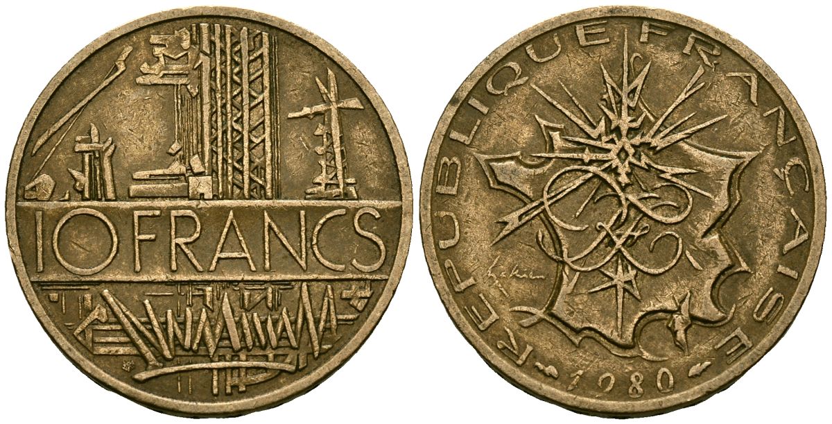 Франция 10 франков 1980 тип Матье KM 940, Le Franc 365.15-16 никель латунь 4120-514