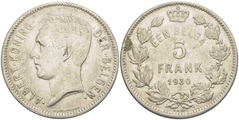 БЕЛЬГИЯ 5 ФРАНКОВ 1930 АЛЬБЕРТ I, DER BELGEN KM 98 никель 3851-323