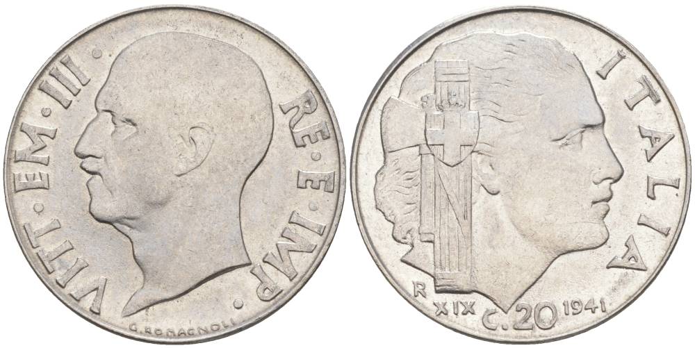 ИТАЛИЯ 20 ЧЕНТЕЗИМО 1941 R, ГОД XIX, ВИКТОР ЭММАНУИЛ III (1900-1946) KM 75b, VEM3. 1028 нержавеющая сталь 3853-757