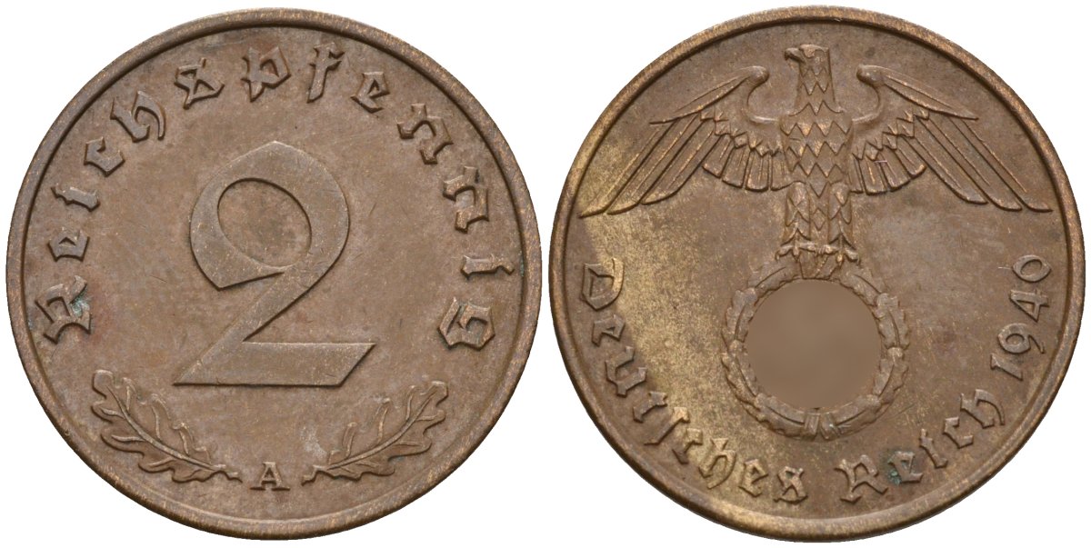 Германия 2 рейхспфеннига 1940 A KM 90, J. 362 бронза 4151-155
